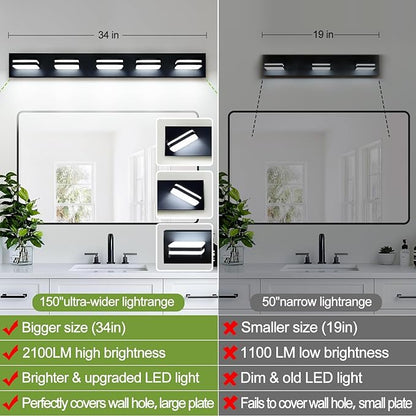 360° Rotate LED Bathroom Vanity Light Fixtures, 2100LM Acrylic Matte Black Vanity Lights for Bathroom, Modern Wall Lighting Fixtures Over Mirror Kitchen Living Room Hallway (Natural White Light 5000K)