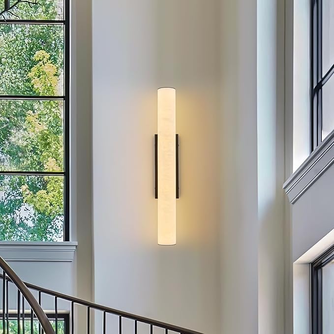 LMQNINE Natural Alabaster Wall Sconces Set of Two Spanish Marble Wall Light Cylinder Modern Black LED Sconce for Living Room Bedroom Bathroo Stairs（M-2Pack）