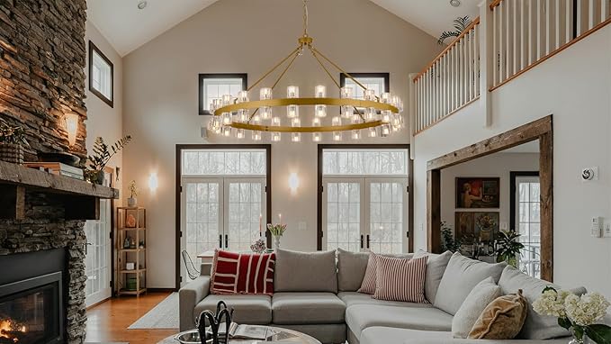 48 Inch Gold Crystal Wagon Wheel Chandelier, Modern Farmhouse Round 48-Lights Pendant Lighting Fixture, for High Ceilings Living Room, Bedroom, Foyer