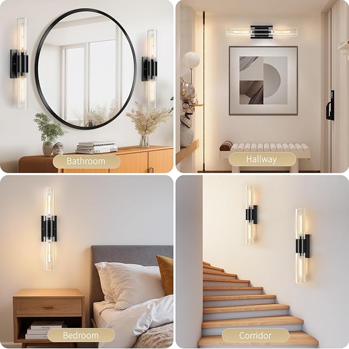 Wall Sconces Set of Two, Black Bathroom Sconces Wall Lighting with Clear Glass Modern Sconces Wall Light Set of 2 Bathroom Light Fixtures Vanity Light for Living Room Bedroom Washroom Hallway