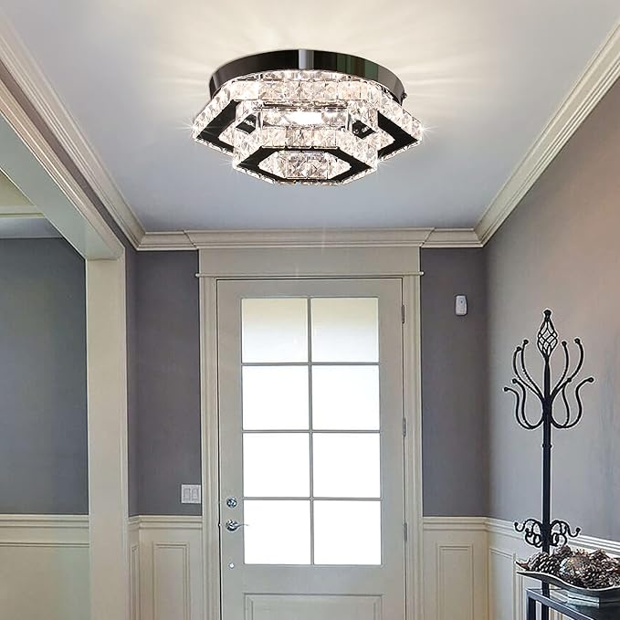 Modern Crystal Chandelier LED Flush Mount Ceiling Light Hexagonal Pendant Lamp Fixture 3 Color Changing Ceiling Light for Bedroom Hallway Bar Living Room Bathroom