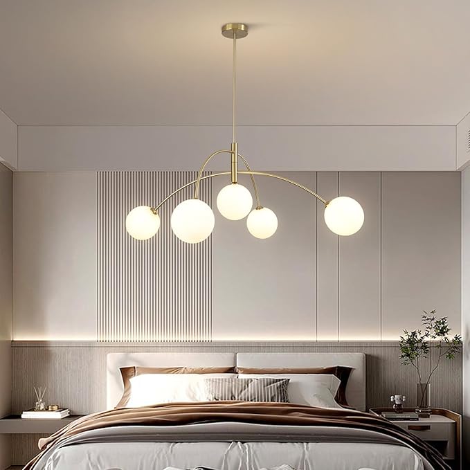 Contemporary Gold Ceiling Light 5-Light Glass Globe Lights Mid Century Modern Sputnik Chandelier for Dining Room Kitchen Bedroom Lighting Fixture