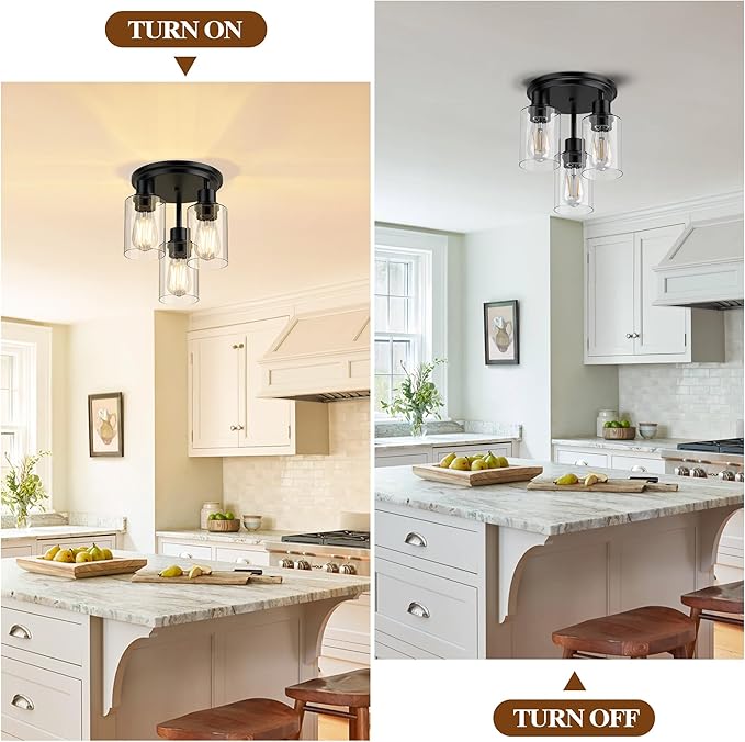 ROTTOGOON Semi Flush Mount Ceiling Light, Close to Ceiling Lights Fixtures, 3 Light Kitchen Ceiling Lights Fixtures with Glass Shades, Hallway Light Fixtures Ceiling Mount for Foyer, 9.9" x 13", Black