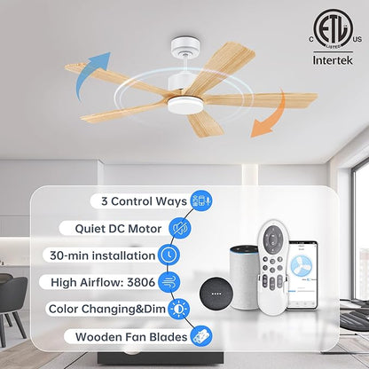 52 Inch Smart Ceiling Fan with Lights, Alexa/Google Voice Control, Quiet DC Motor, 6-Speed, Solid Wood Blades, Dimmable LED, 1-12H Timer, App & Remote Control, Modern Ceiling Fan for Bedroom, Patio