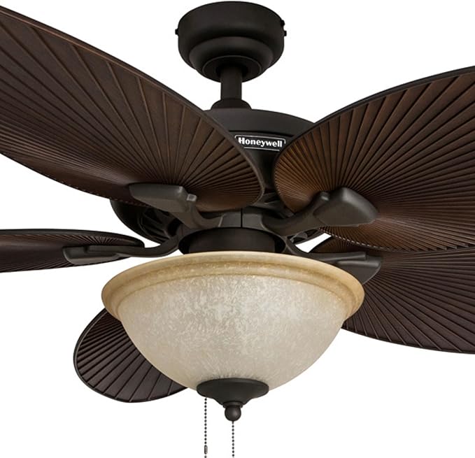 Honeywell Ceiling Fans Palm Island 52 Inch Ceiling Fan With Light, Indoor/Outdoor Ceiling Fan with Pull Chain, Tropical LED Dual-Mount 5 Palm Leaf Blade Design, ETL Damp Rated, Bronze (50202-01)