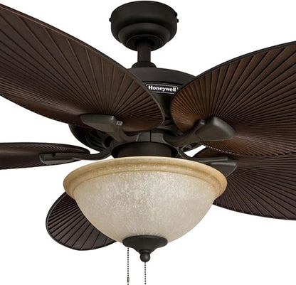 Honeywell Ceiling Fans Palm Island 52 Inch Ceiling Fan With Light, Indoor/Outdoor Ceiling Fan with Pull Chain, Tropical LED Dual-Mount 5 Palm Leaf Blade Design, ETL Damp Rated, Bronze (50202-01)