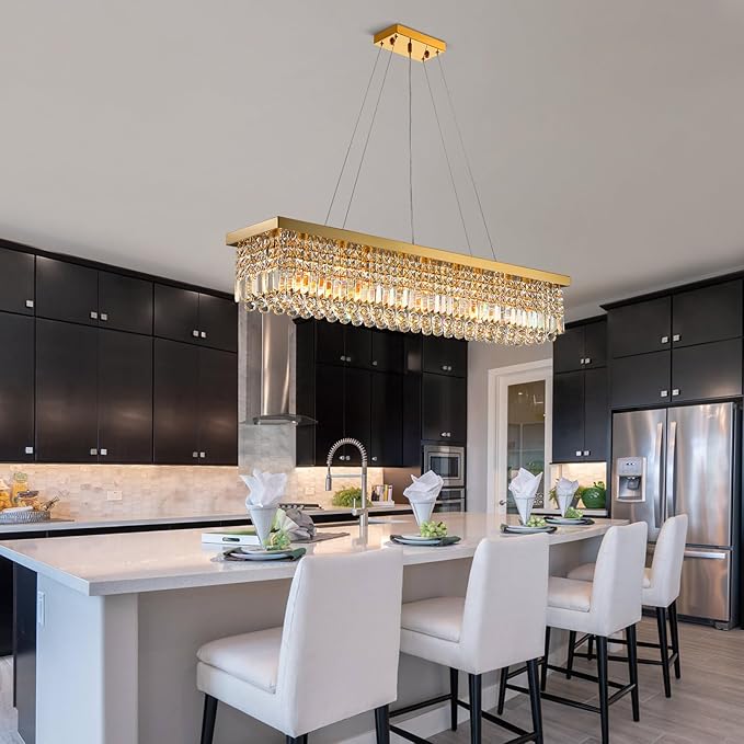 Siljoy Rectangular Gold Crystal Chandelier for Dining Room, 10-Light Modern Rectangle K9 Crystal Raindrop Chandelier, Luxury Dimmable Crystal Ceiling Light for Living Room Kitchen Island L47''