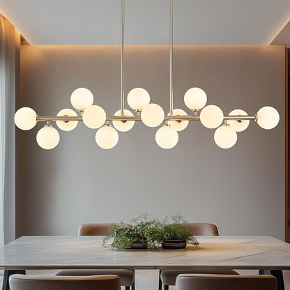 55" Long Chandeliers for Dining Room Kitchen Island, Large Globe Sputnik Linear Chandelier, 16 Lights Mid Century Modern Light Fixture Over Table,Nickel and Milk White Bubble, GC-08