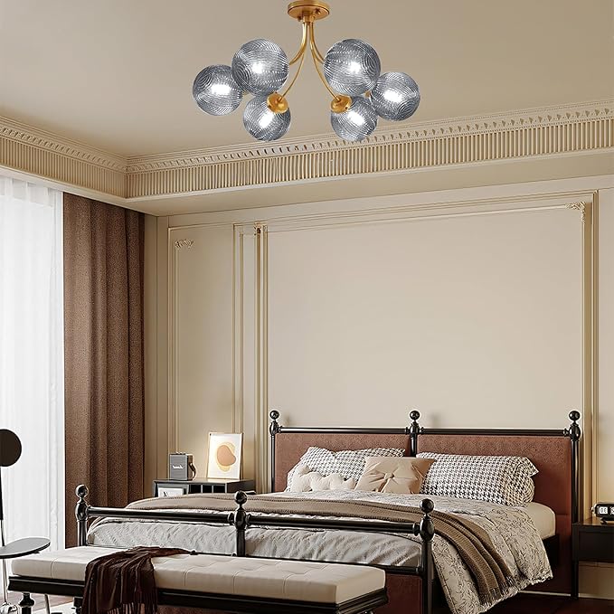 Gold Flush Mount Light 6-Light Glass Chandelier with Smoky Gray Globe Shade Mid Century Farmhouse Antique Gold Close to Ceiling Light for Entryway Hallway Foyer