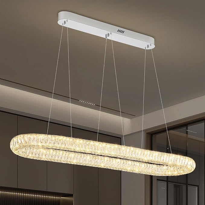 Crystal Ring Chandelier for Living Room, Modern Linear Oval Chandeliers for Dining Room 47.2'' Chrome Ring Pendant Light for Kitchen Island Dimmable 3000K-6000K