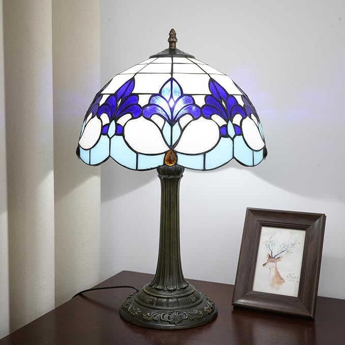 Tiffany Style Table Lamp with Blue Iris Stained Glass Lamp 12 Inch Retro Bronze Base Bedside Lamp Living Rooms, Offices, Hotel，Coffee Shop European Style Decorative Ambient Light Bedside Lamp