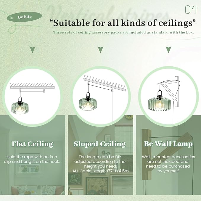 Plug-in Hanging Lamp Light Green Pendant Lights with 14.7 ft Cord Vintage Large Striped Glass Pendant Lamp Modern Glass Hanging Light Plug in Chandelier Lighting Mid Century Swag Lamp