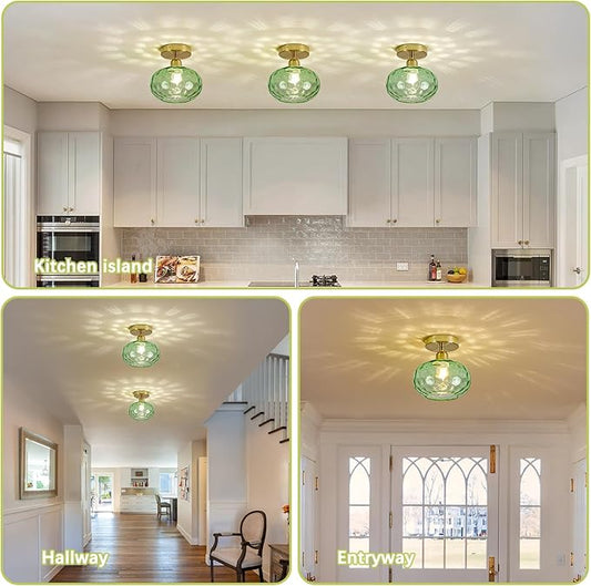 Luafac Green Glass Semi Flush Mount Ceiling Light - 7.9 Inch Hammered Art Deco Glass Small Hallway Light fixtures, Vintage Gold Flush Mount Ceiling Light for entryway Foyer Laundry Room Kitchen