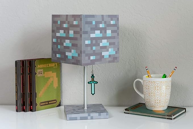 Minecraft Diamond Ore Block LED Lamp w/ 3D Diamond Sword Puller | 14-Inch Lamp