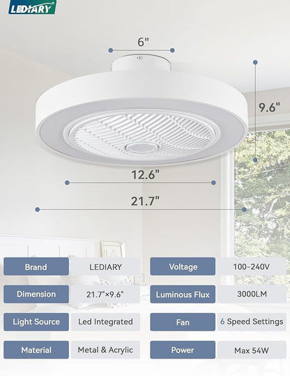 LEDIARY 22in Enclosed Ceiling Fan with Light and Remote, White Modern Bladeless Ceiling Fan with Bright Light, Led Flush Mount Ceiling Fans for Bedroom, Living Room, Kid Room(6 Speeds, 3000-6000K)