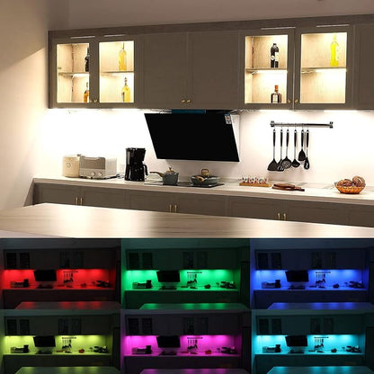 Litever Under Cabinet LED Lighting Kit. RGB Color & Bright Warm White Light. Slim Linkable LED Light Bars with Power Adapter, Controller, Extension Cords. Max 24W. Dimmable. Plug in. RGB + 3000K.