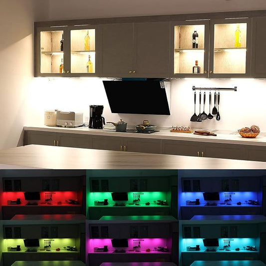 Litever Under Cabinet LED Lighting Kit. RGB Color & Bright Warm White Light. Slim Linkable LED Light Bars with Power Adapter, Controller, Extension Cords. Max 24W. Dimmable. Plug in. RGB + 3000K.