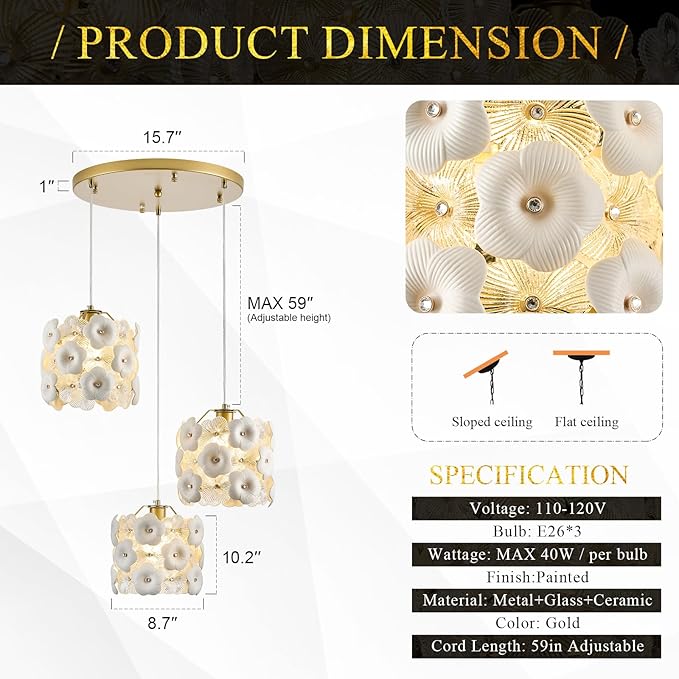 3-Lights Flower Glass Chandelier Modern Gold Cluster Pendant Light Fixture Adjustable Elegant Pendant Lighting for Dinning Room Bedroom Kitchen Island Hallway Entryway