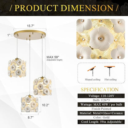 3-Lights Flower Glass Chandelier Modern Gold Cluster Pendant Light Fixture Adjustable Elegant Pendant Lighting for Dinning Room Bedroom Kitchen Island Hallway Entryway