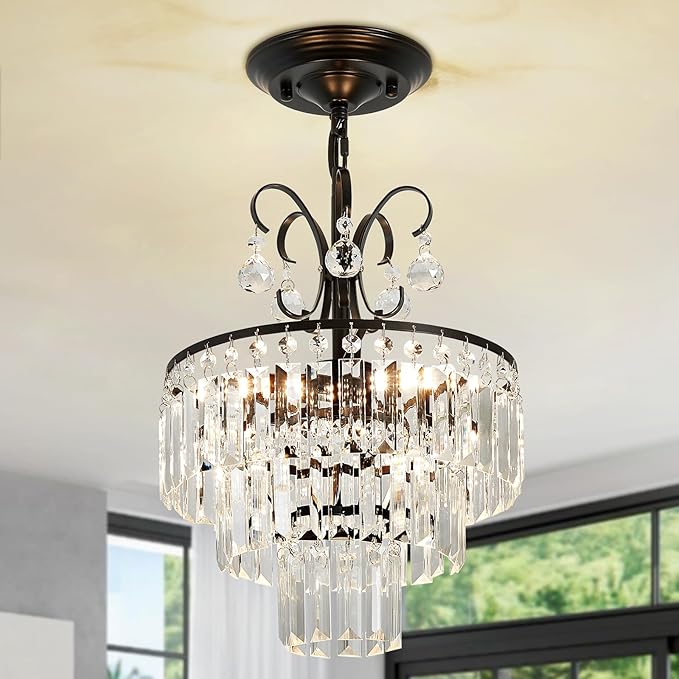 Black Crystal Chandeliers,3-Lights Modern Crystal Chandelier for Dining Room,3 Tiers Small Chandeliers for Living Room Bedroom Kitchen Entryway G9 Base