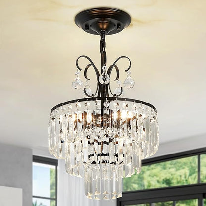 Black Crystal Chandeliers,3-Lights Modern Crystal Chandelier for Dining Room,3 Tiers Small Chandeliers for Living Room Bedroom Kitchen Entryway G9 Base