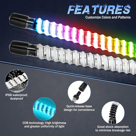 2 Pack 1FT COB LED Whip Lights, Fastchoy Auto UTV Whip Lights with App & Remote Control, Spiral RGB Chasing Lighted Whips for Side by Side UTV ATV RZR SXS Can-Am Polaris Offroad Truck