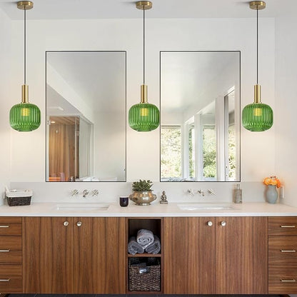 BOKT Mid Century Green Glass Pendant Lights 2-Light Mini Globe Ceiling Pendant Light Ribbed Glass Pendant Light Gold Finish Hanging Light Fixture for Kitchen Island Foyer