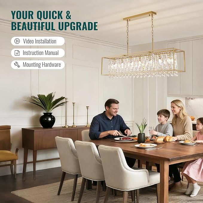 Siljoy Modern Crystal Chandelier, 7 Lights Rectangular Gold K9 Crystal Raindrop Chandelier, Luxury Rectangle Chandelier Light Fixture for Dining Room Living Room Kitchen Island L47'' x W11'' x H12''