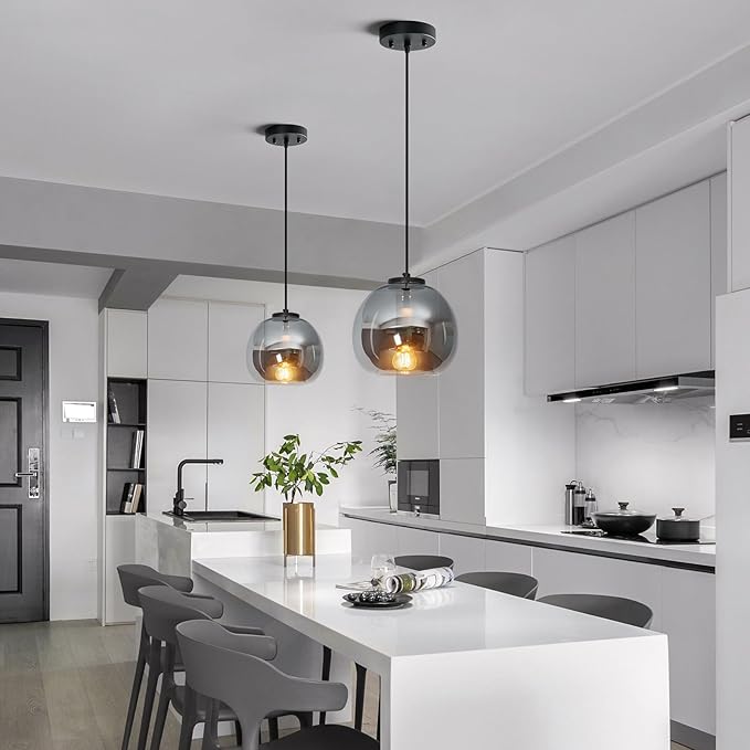Mirror Smoke Gray Glass Pendant Lights Kitchen Island 3 Pack 7.87" Glass Globe Pendant Light Black Hanging Light Fixture Modern Pendant Lighting for Kitchen Island Bedroom Dining Room
