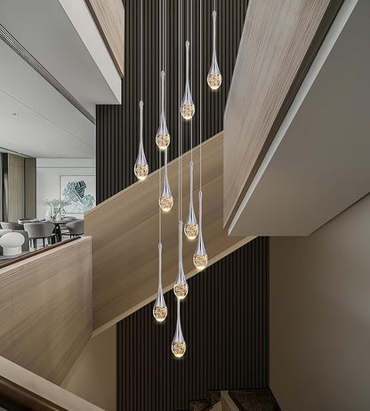 Modern Crystal Chandelier 9-Lights Chrome, H98.5'' High Ceiling Spiral Dimmable LED Bubble Crystal Raindrop Light Fixture for Foyer Entryway Dining Room Remote Control