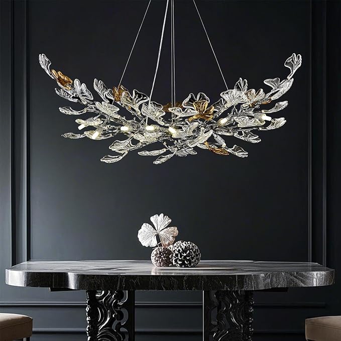 Modern Chandeliers for Dining Room，AioTio L47.2''Long Unique Glass Ginkgo Leaf Dining Chandeliers Over Table,Large Rectangle Tree Branch Ceiling Hanging Black Chandelier for Living Room,Kitchen Island