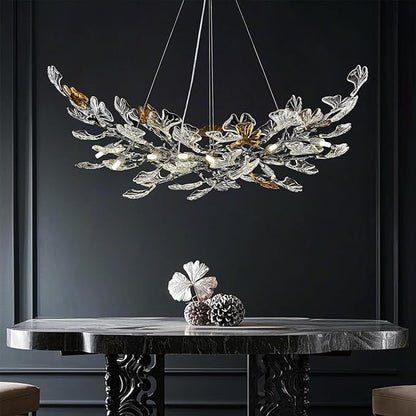 Modern Chandeliers for Dining Room，AioTio L47.2''Long Unique Glass Ginkgo Leaf Dining Chandeliers Over Table,Large Rectangle Tree Branch Ceiling Hanging Black Chandelier for Living Room,Kitchen Island