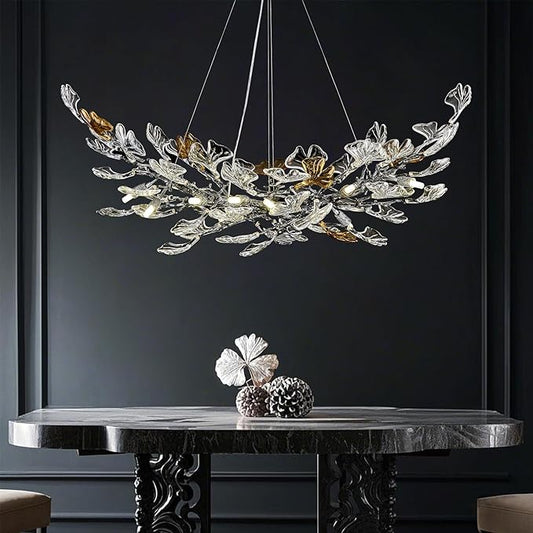 Modern Chandeliers for Dining Room，AioTio L47.2''Long Unique Glass Ginkgo Leaf Dining Chandeliers Over Table,Large Rectangle Tree Branch Ceiling Hanging Black Chandelier for Living Room,Kitchen Island