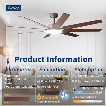 Amico 72 inch Farmhouse Bronze Ceiling Fan with Light, Large Energy Efficient Ceiling Fans with Remote, Reversible DC Motor, Dimmable 3CCT LED, Quiet Indoor/Outdoor for Living Room, Bedroom, Patio