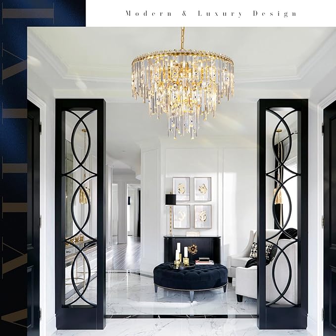 A AXILIXI Gold Crystal Chandeliers, 24” Modern Round Chandelier for Dining Room 3 Tiers 12 Lights Ceiling Pendant Light Fixtures Large Ceiling Chandeliers for Foyer Living Room Bedroom