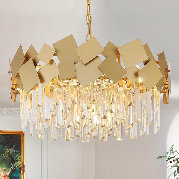 A AXILIXI Modern Crystal Chandelier Gold 24” Round Chandeliers for Dining Room 9 Light Drum Ceiling Pendant Light Fixture K9 Crystal Luxury Semi Flush Mount Chandelier for Foyer Living Room Bedroom
