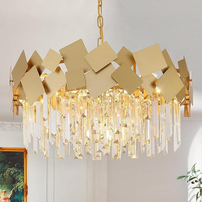 A AXILIXI Modern Crystal Chandelier Gold 24” Round Chandeliers for Dining Room 9 Light Drum Ceiling Pendant Light Fixture K9 Crystal Luxury Semi Flush Mount Chandelier for Foyer Living Room Bedroom