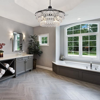 Wellmet Large Black Farmhouse Chandelier - 32" Round Modern Crystal Teardrop Chandelier for Dining Room, Bedroom, Kitchen, Hallway, Closet, Living Room