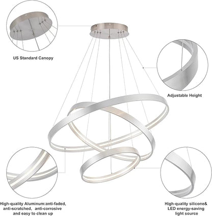 Modern Led Chandeliers, Dimmable Contemporary LED Chandeliers 3 Rings, Hanging Led Modern Pendant Light Fixture for Living Dining Room Kitchen Foyer Entryway Brush Nickel-3000K/4000K/6000k