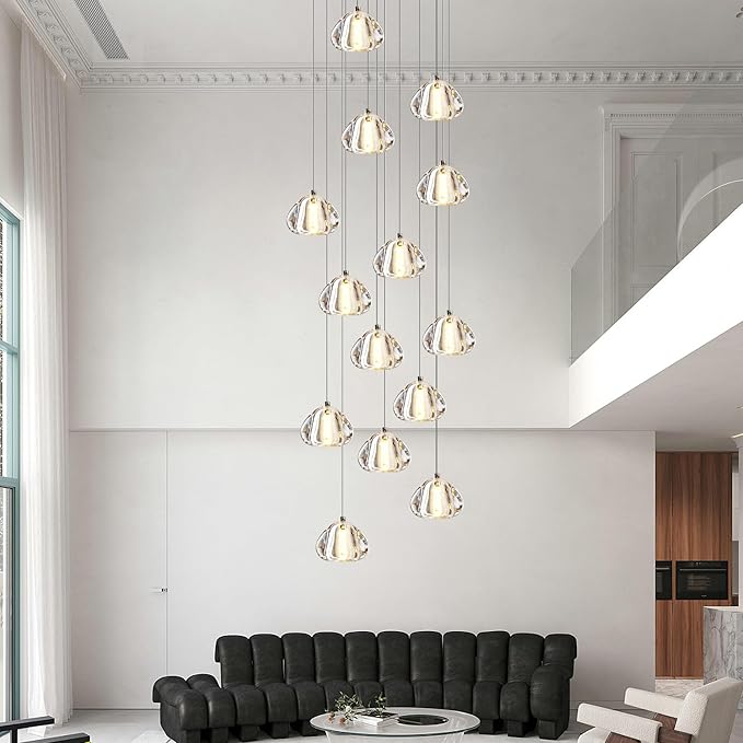 Modern Crystal Chandelier 14-Lights High Ceiling Raindrop Chandelier Lighting Fixture, Large LED Round Indoor Lighting Fixture Black for Foyer Staircase Living Room