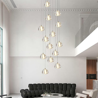 Modern Crystal Chandelier 14-Lights High Ceiling Raindrop Chandelier Lighting Fixture, Large LED Round Indoor Lighting Fixture Black for Foyer Staircase Living Room