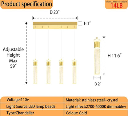 4-Light Gold Pendant Lights Kitchen Island Modern LED Gold Crystal Column Chandeliers Dimmable Crystal Ceiling Light for Dinning Room Living Room 32W