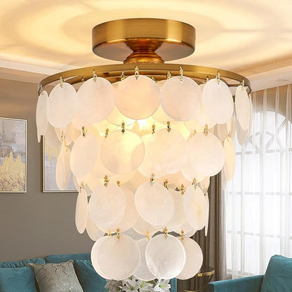 11.8" Capiz Shell Chandelier for Bedroom Ceiling Light Fixture with 4 Tier Shell Modern Gold Semi Flush Mount Ceiling Lights Chandeliers for Entryway,(More Additional Shell Parts Included) Gold