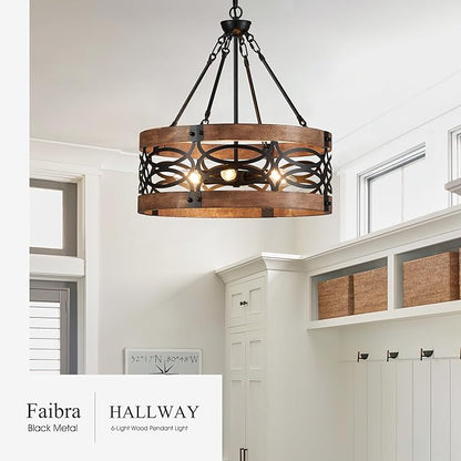 6-Light Farmhouse Drum Wood Pendant Light,19.7'' Vintage Rustic Brown Oak Wood Chandeliers,Retro Industrial Hanging Light Fixtures for Dining Room Entryway, Bedroom