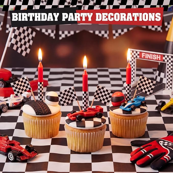 Conelist 12 Pcs Racing Car Themed Birthday Candles Cartoon Red Black White Birthday Decorations Movie Cake Toppers for Racing Car Themed Party Supplies