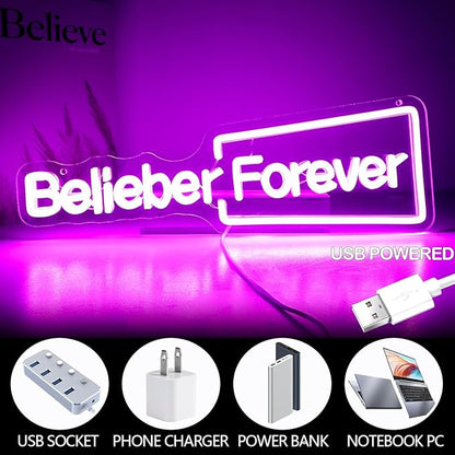 Belieber Forever Neon Sign - LED Wall Light for Bedroom, Dorm, Party Decor, Pop Star Fan Art Gift