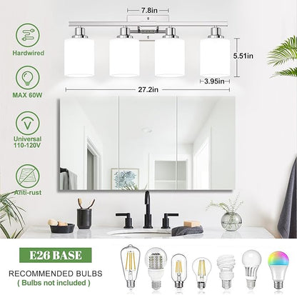 MOKATNG 4-Light Vanity Light with Milky White Shades, Chrome Bathroom Lighting Fixtures Over Mirror, Modern Bathroom Wall Lamp for Mirror Living Room Cabinet Bedroom