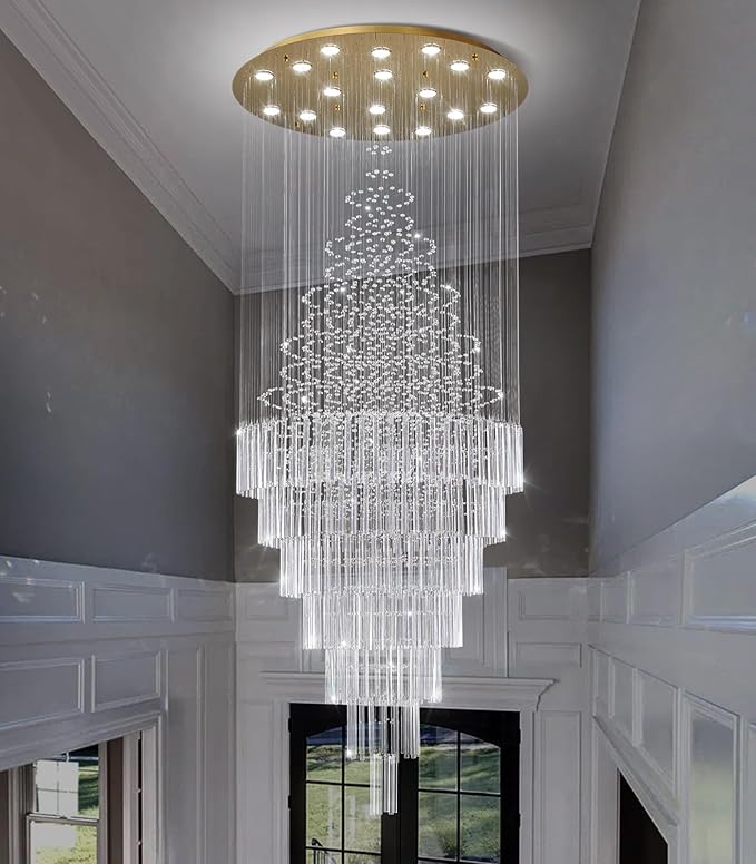 HAIXIANG W40 x H120 Glam Chandelier with LED Bulbs Crystal Raindrop High Ceiling Pendant Light for Entrance Large Villa Chandelier Foyer Lighting Fixtures Gold