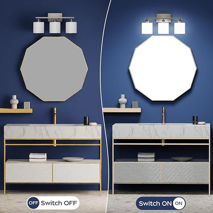 PARTPHONER Bathroom Light Fixtures, Bathroom Lighting Fixtures Over Mirror, Classic Vanity Lights, Modern Vanity Light with Textured Frosted Opal White Glass Shades, Brushed Nickel, 3-Light