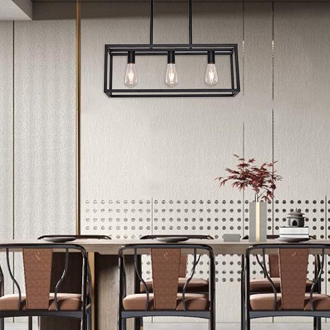3 Lights Black Dining Room Chandelier Hanging Light Fixture Modern Kitchen Island Linear Lighting Farmhouse Chandelier for Bar Restaurant
